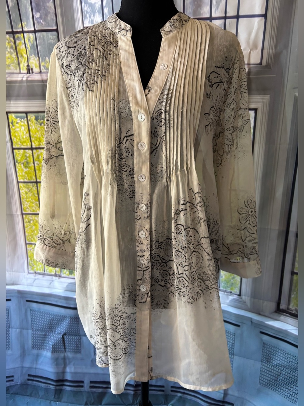 American Rag Ivory Floral Pintuck Button-Front Tunic